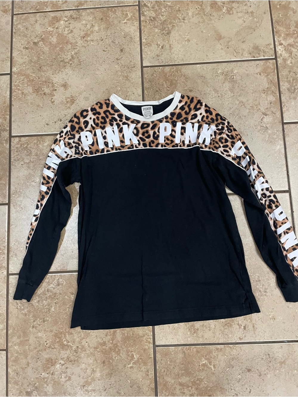PINK Victoria's Secret Black Long Sleeve Tee with Leopard Yoke